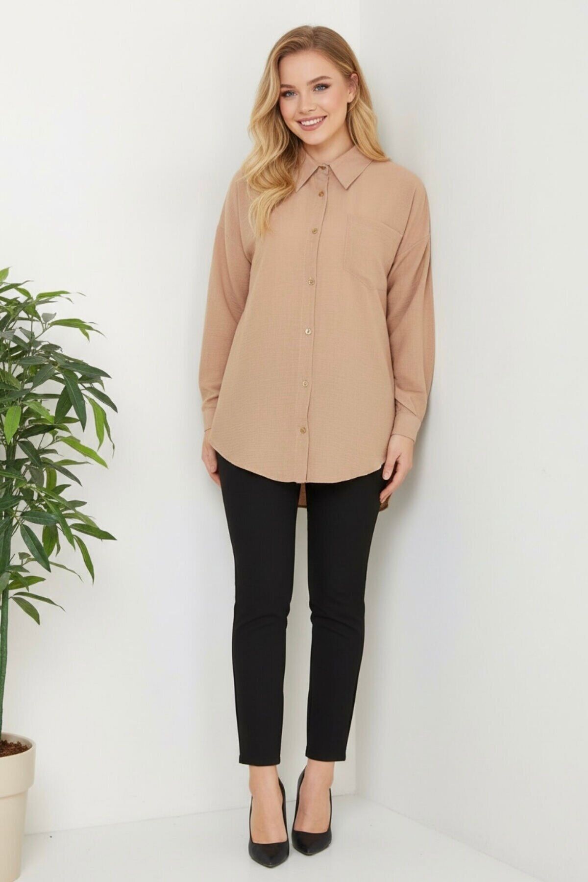 Kadın Oversize Yeni Sezon Pera Keten Gömlek 40 - Vizon