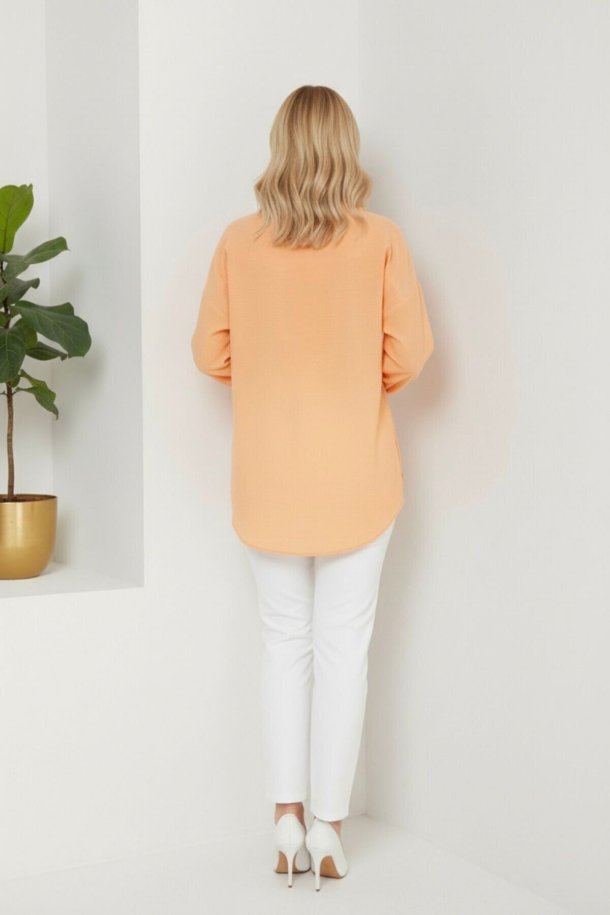 Kadın Oversize Yeni Sezon Pera Keten Gömlek 44 - Açık Turuncu