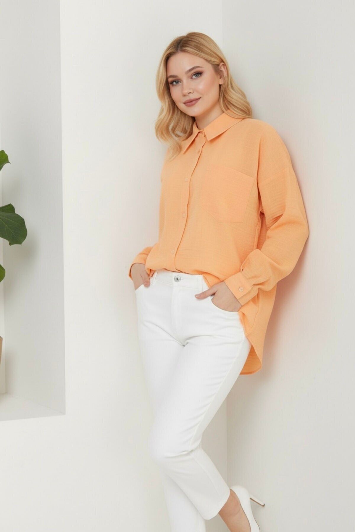 Kadın Oversize Yeni Sezon Pera Keten Gömlek 44 - Açık Turuncu