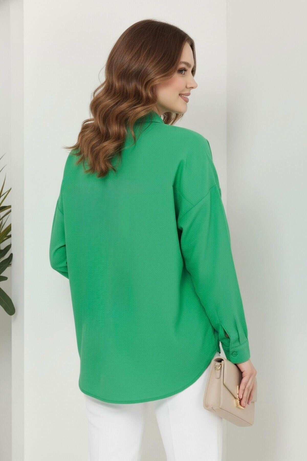 Kadın Oversize Yeni Sezon Pera Keten Gömlek 42 - Yesil