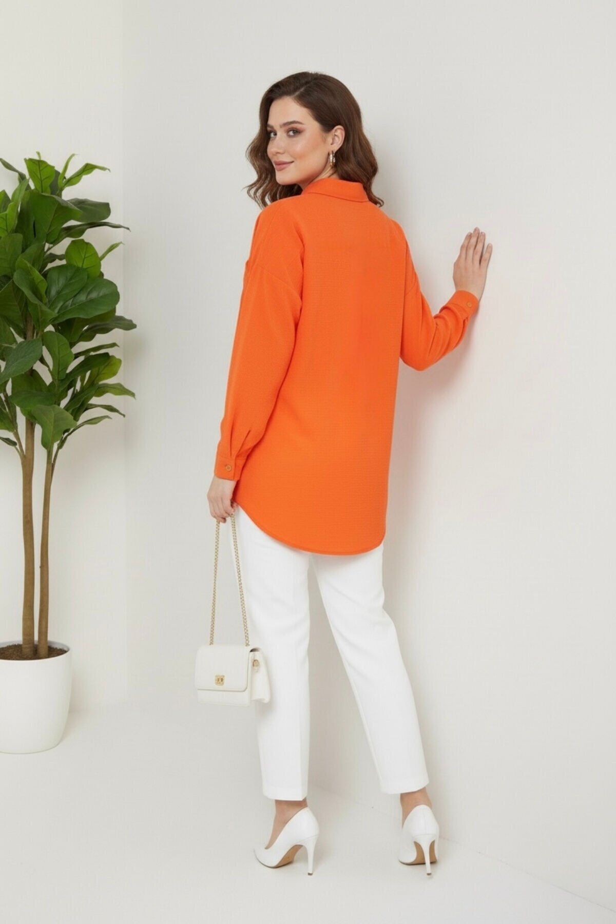 Kadın Oversize Yeni Sezon Pera Keten Gömlek 42 - Portakal