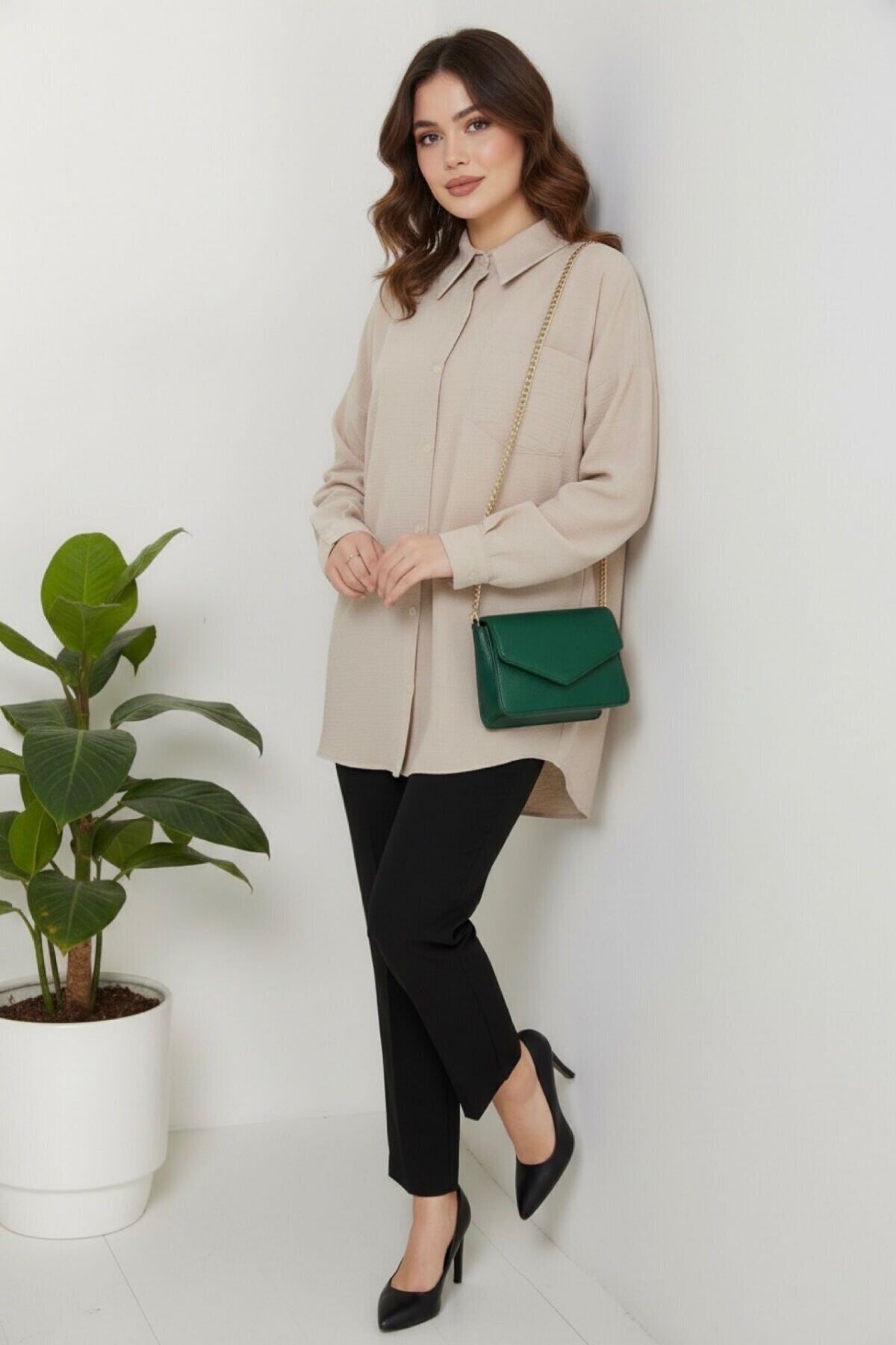 Kadın Oversize Yeni Sezon Pera Keten Gömlek 44 - Bej