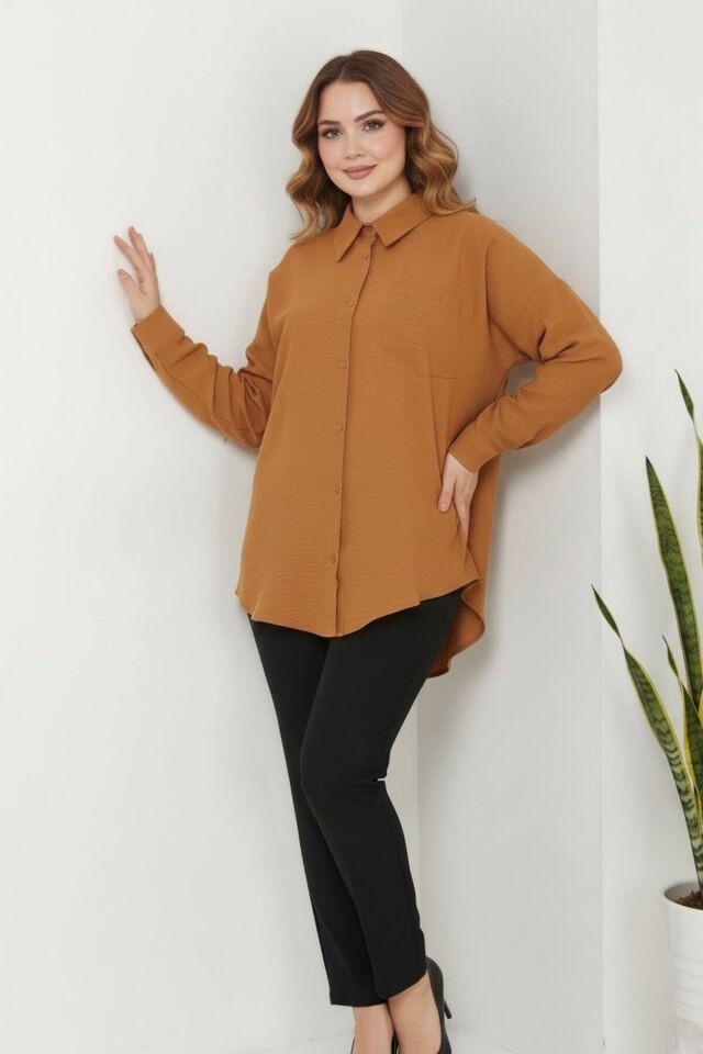 Kadın Oversize Yeni Sezon Pera Keten Gömlek 38 - Taba
