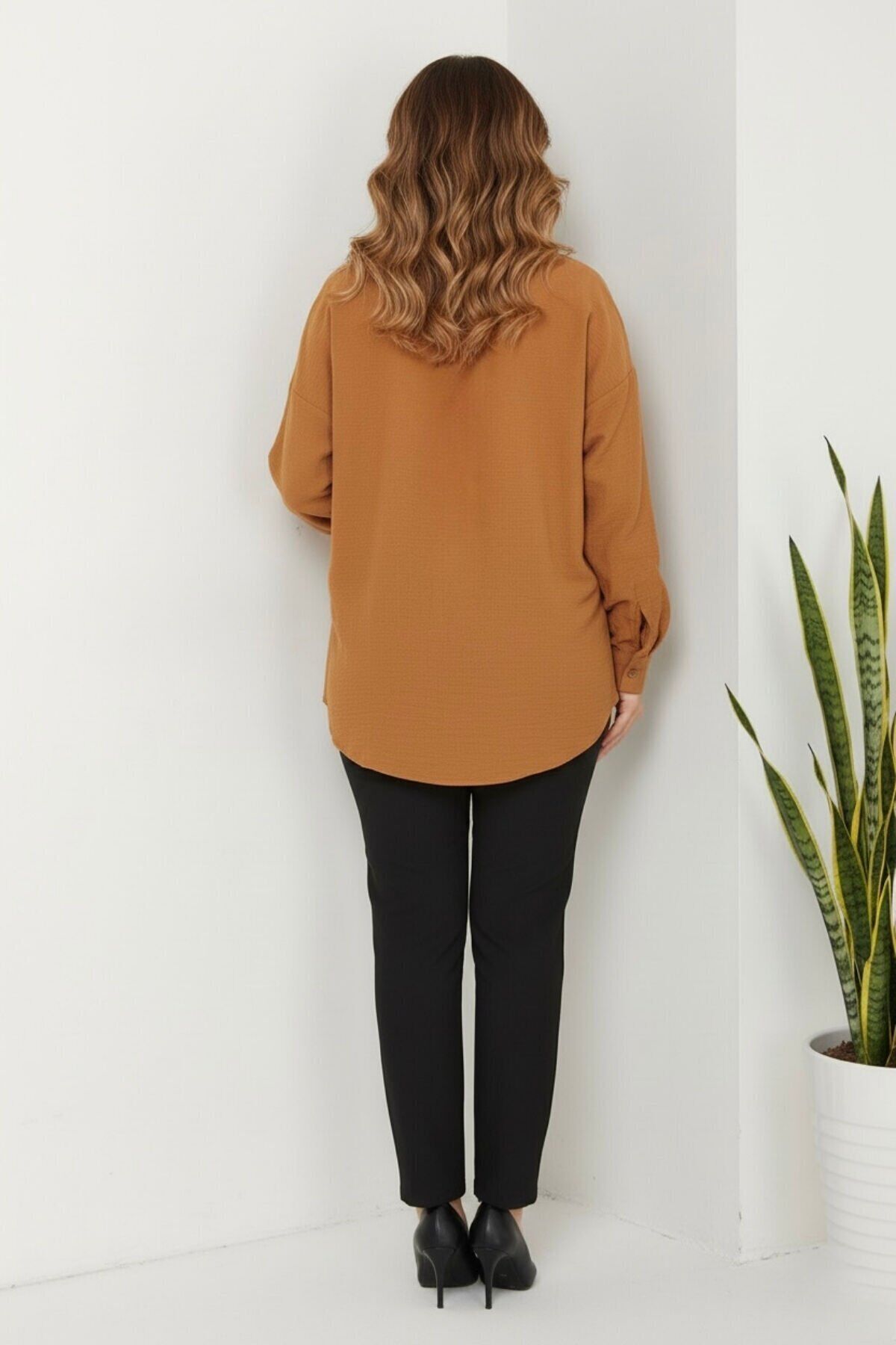 Kadın Oversize Yeni Sezon Pera Keten Gömlek 38 - Taba