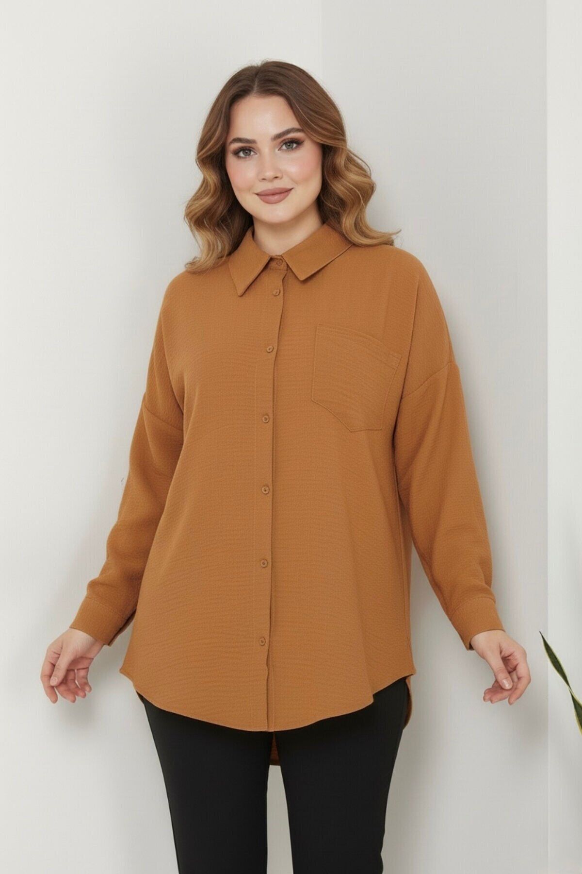 Kadın Oversize Yeni Sezon Pera Keten Gömlek 38 - Taba