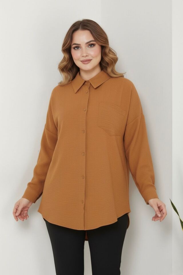 Kadın Oversize Yeni Sezon Pera Keten Gömlek 38 - Taba
