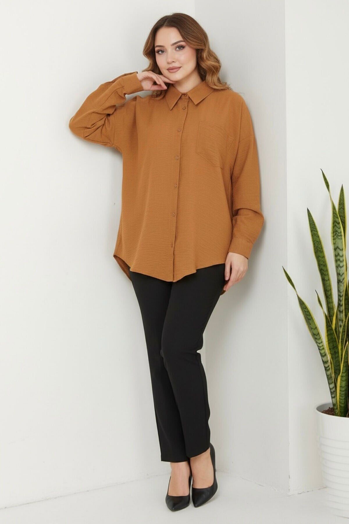 Kadın Oversize Yeni Sezon Pera Keten Gömlek 38 - Taba