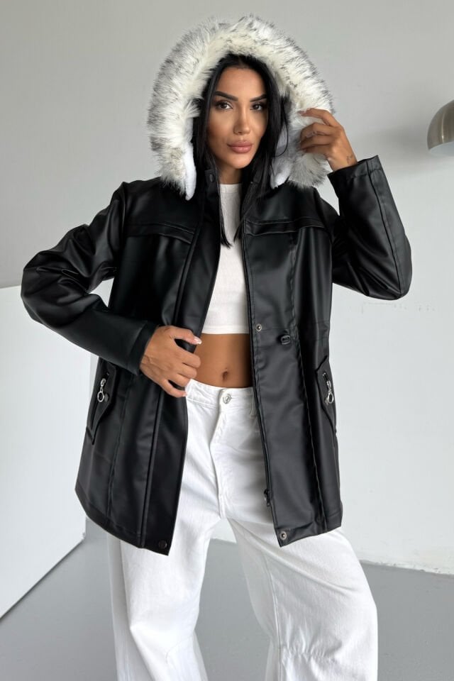 Deri İçi Kürklü Kapüşonlu Mont KS2508