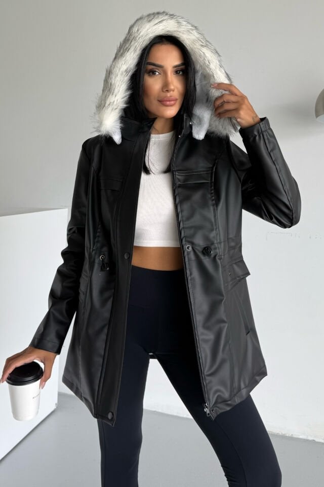 Kapüşonlu Suni Deri İçi Kürklü Cep Üstü Detaylı Mont KS2509