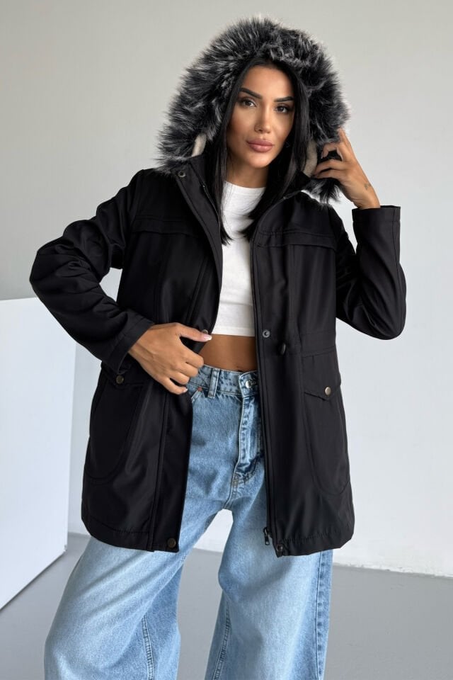 Bondik İçi Kürklü Kapüşonlu Mont