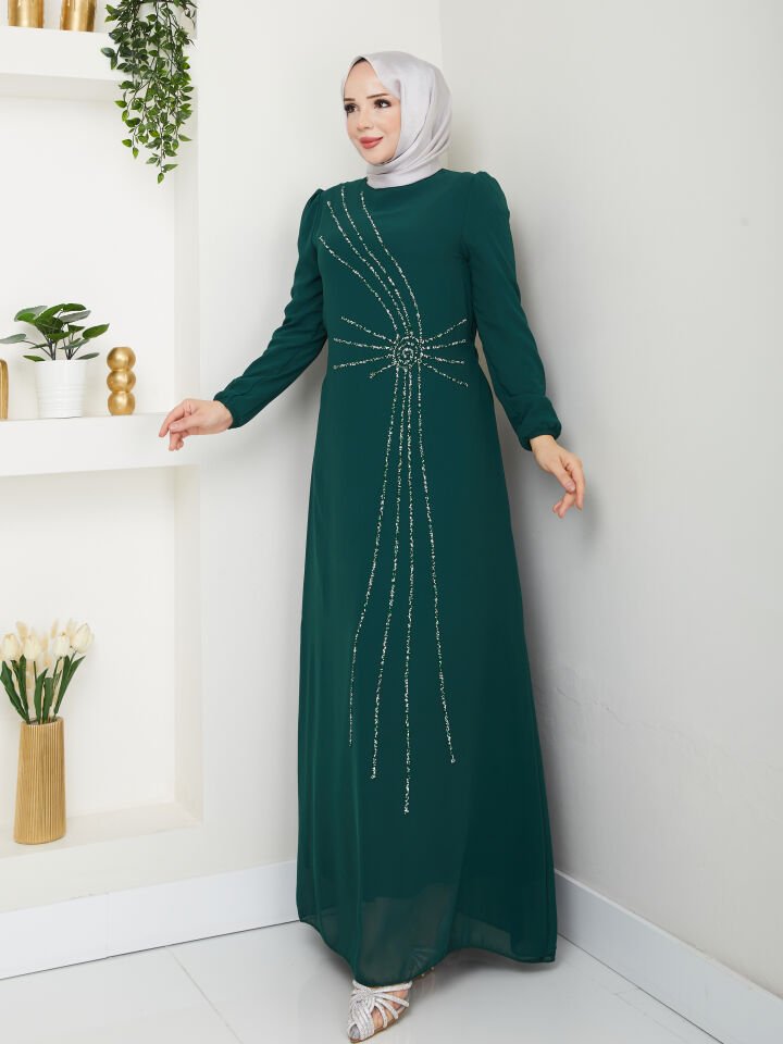 Taş İşlemeli Asimetrik Abiye Kadın YZ2503 Zümrüt Yeşili - 38
