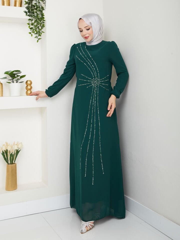 Taş İşlemeli Asimetrik Abiye Kadın YZ2503 Zümrüt Yeşili - 38