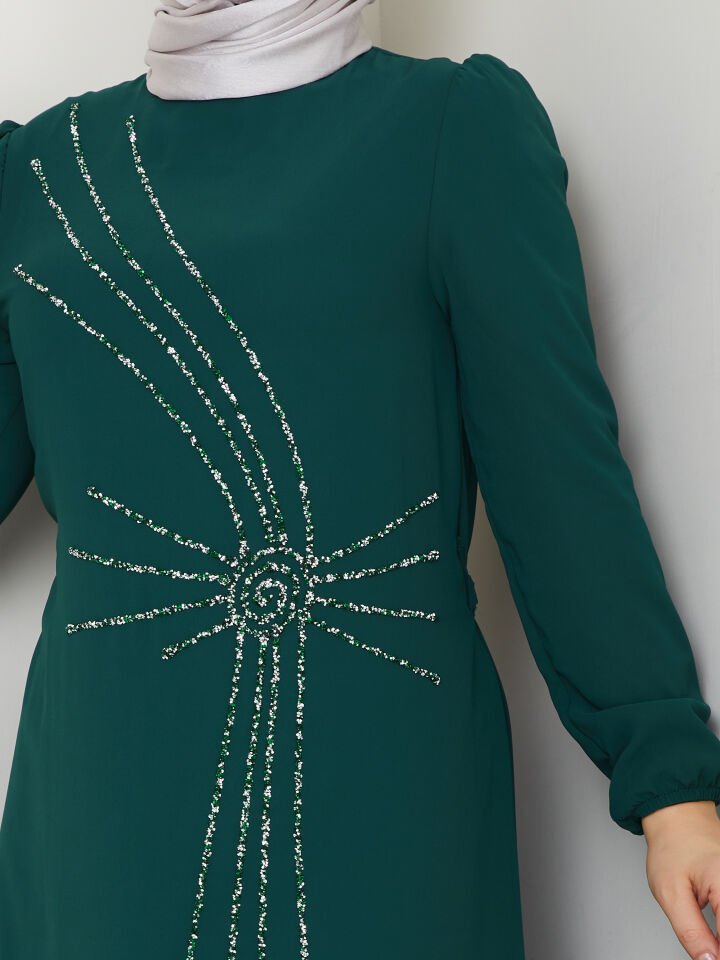 Taş İşlemeli Asimetrik Abiye Kadın YZ2503 Zümrüt Yeşili - 38
