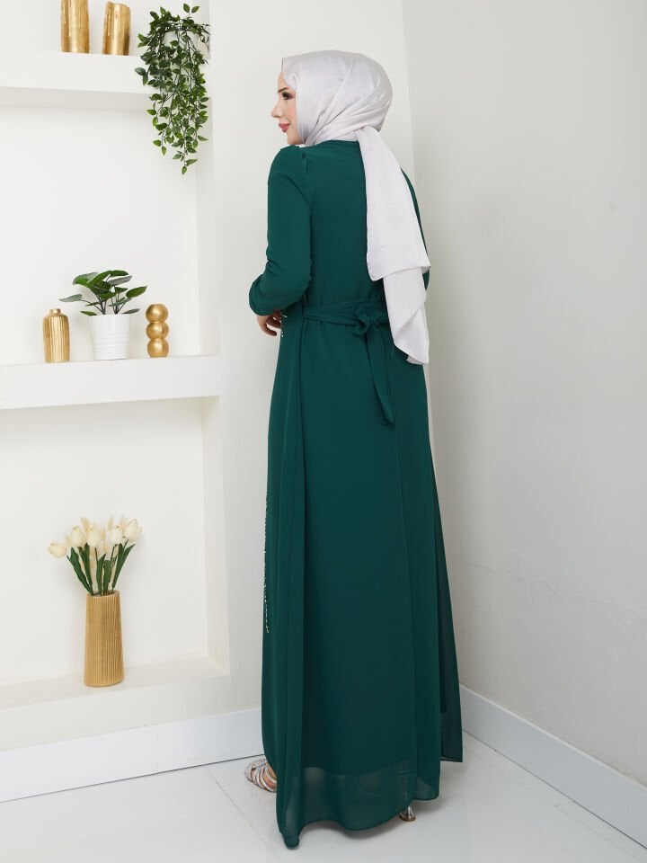 Taş İşlemeli Asimetrik Abiye Kadın YZ2503 Zümrüt Yeşili - 38