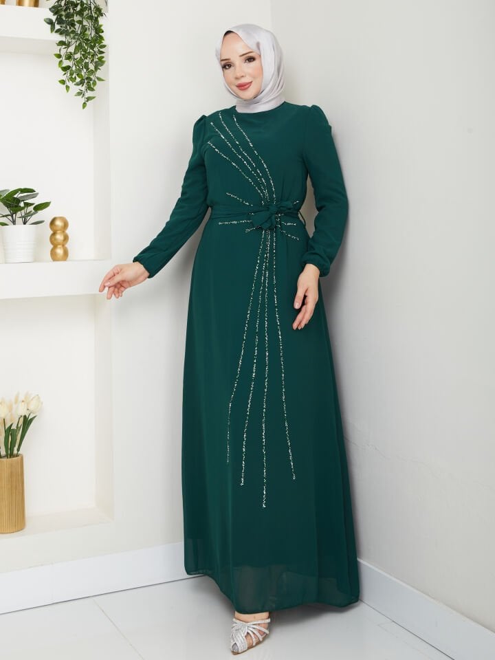 Taş İşlemeli Asimetrik Abiye Kadın YZ2503 Zümrüt Yeşili - 38