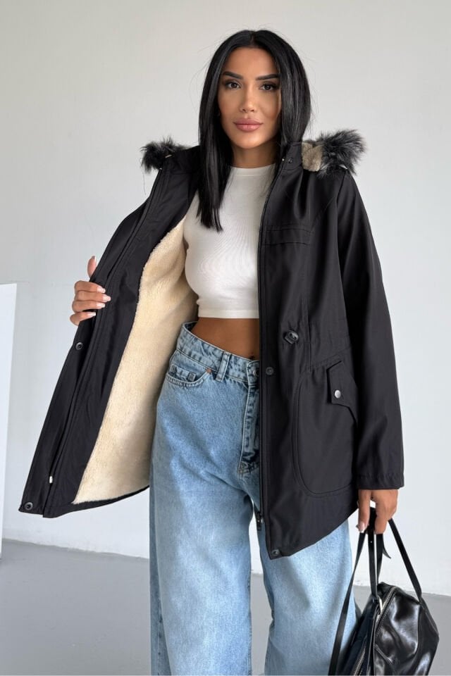 Kapüşonlu Bondit Cep Kapak Detaylı Mont