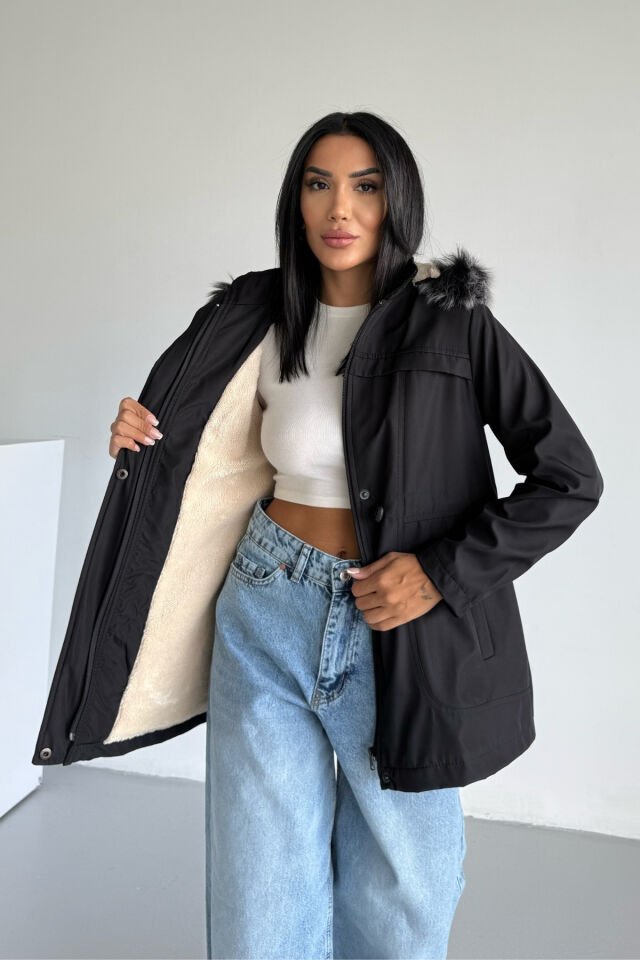 Bondit İçi Kürklü Kapüşonlu Mont Siyah KS2510 M - siyah