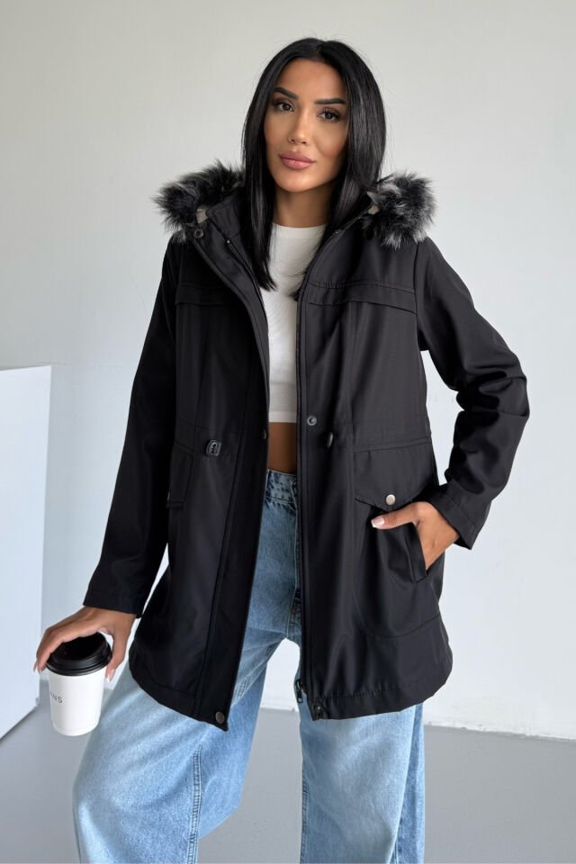 Bondit İçi Kürklü Kapüşonlu Mont Siyah KS2510 M - siyah