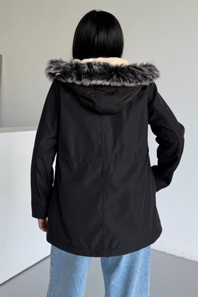 Bondit İçi Kürklü Kapüşonlu Mont Siyah KS2510 M - siyah