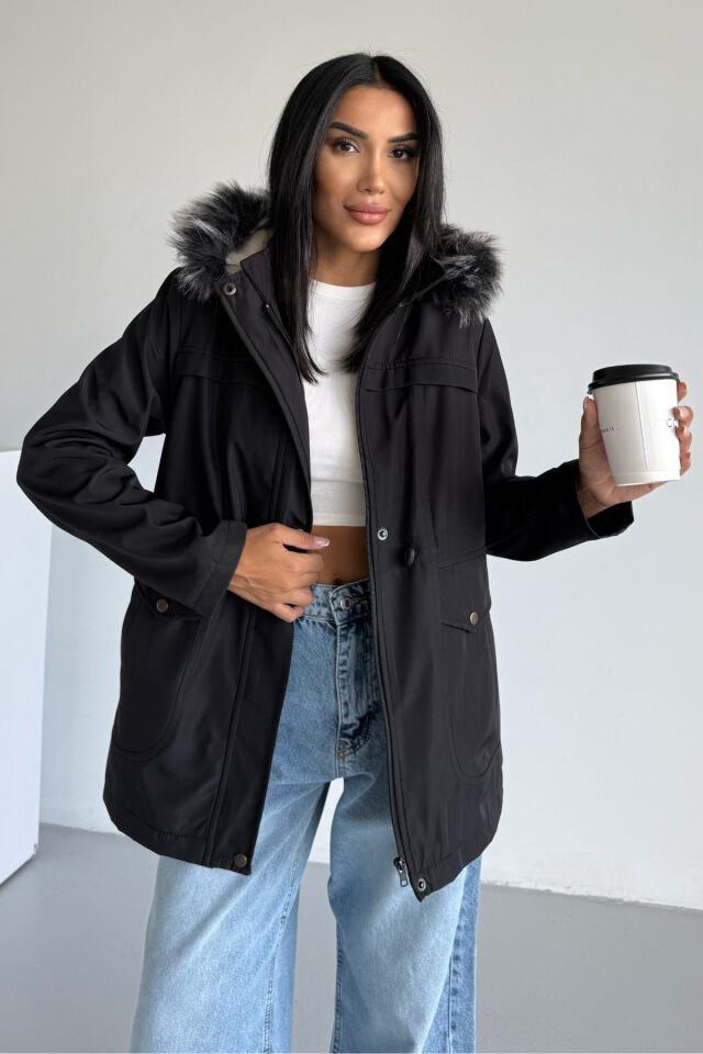 Bondit İçi Kürklü Kapüşonlu Mont Siyah KS2510 M - siyah