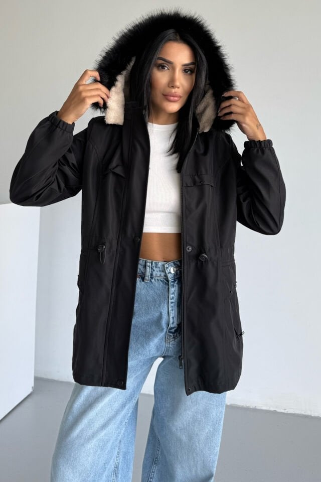 Bilek Lastikli Kapüşonlu Bondit Mont