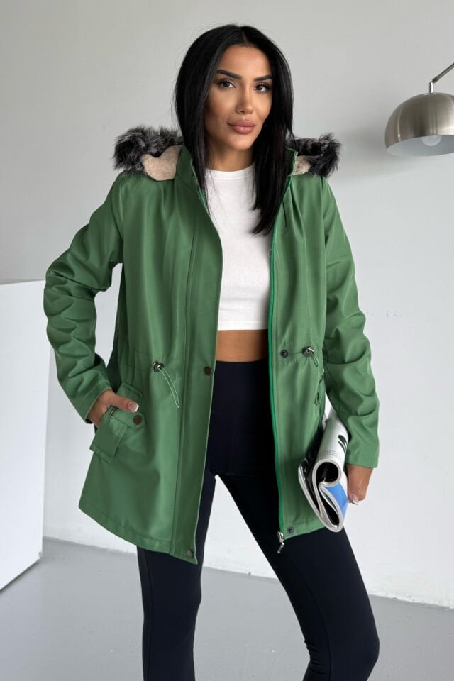 Bondit Seyyar Kapüşonlu İçi Suni Mont Yeşil KS2511 S - Yesil