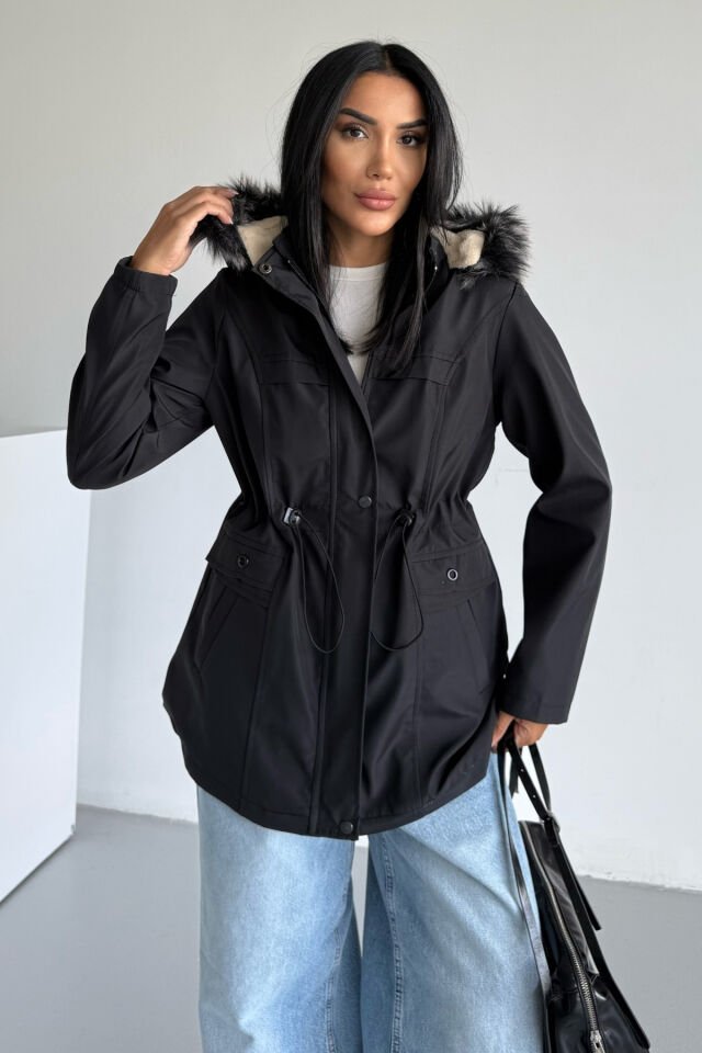 Bondit Bel Lastik Büzgülü İçi Kürklü Mont Siyah KS2512 M - siyah