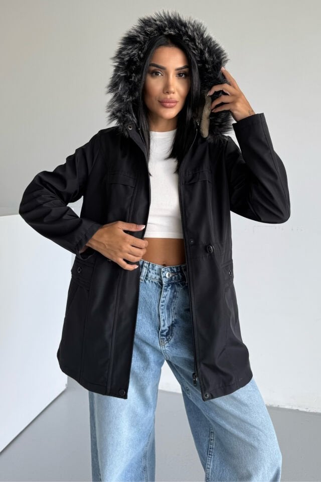 Bondit Bel Lastik Büzgülü İçi Kürklü Mont Siyah KS2512 M - siyah