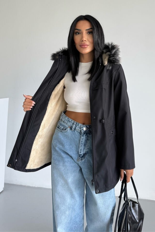 Bondit Bel Lastik Büzgülü İçi Kürklü Mont Siyah KS2512 M - siyah