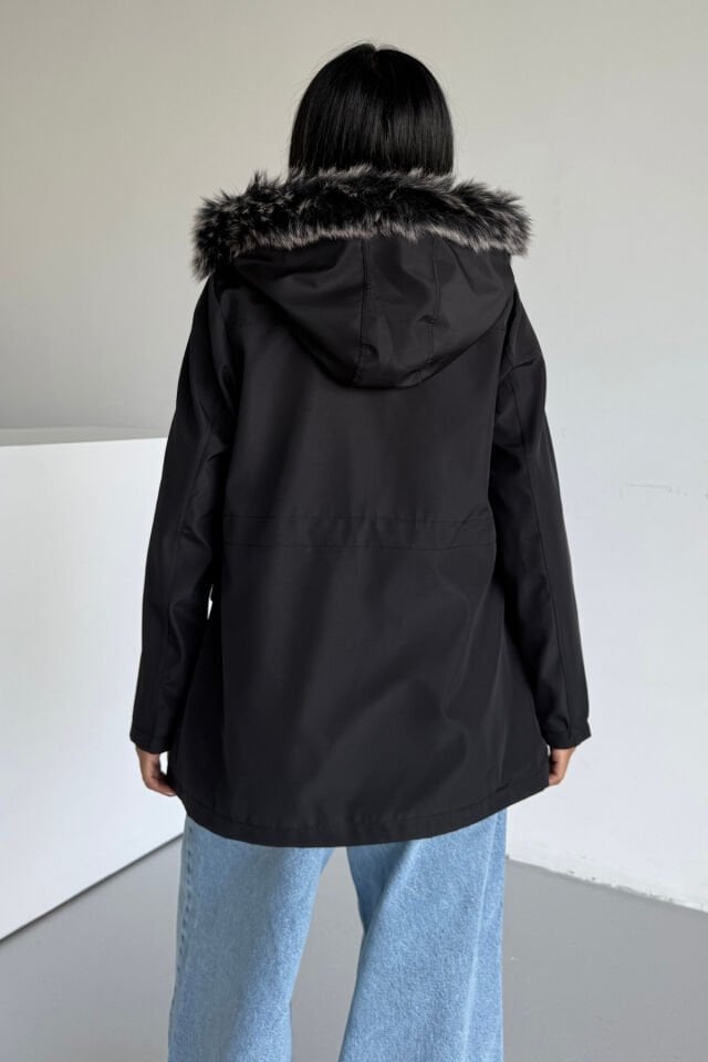 Bondit Bel Lastik Büzgülü İçi Kürklü Mont Siyah KS2512 M - siyah