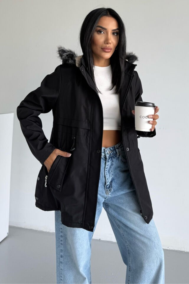 Bondit Göğüs Patlı İçi Kapüşonlu Mont Siyah KS2514 M - siyah