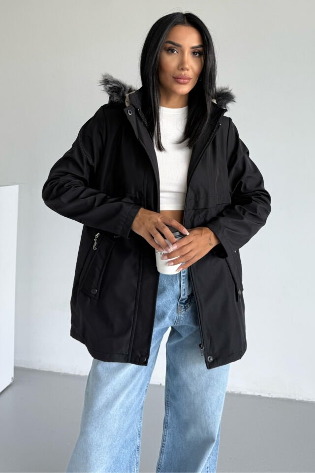 Bondit Göğüs Patlı İçi Kapüşonlu Mont Siyah KS2514 M - siyah