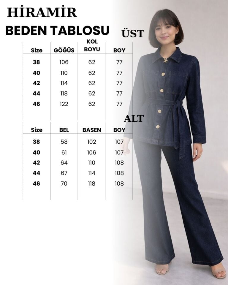 Kadın Kot Takım Düğme Detaylı Kuşaklı Ceket Bol Paça Pantolon Takım YZ2521 Lacivert - 36