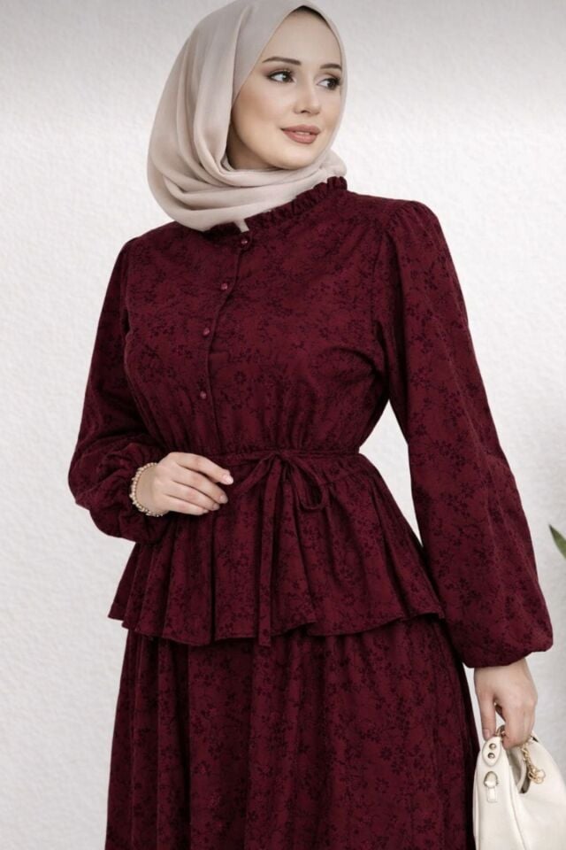 Kadın Tesettür Etekli İkili Takım Flok Baskılı Dantel Detaylı İçi Astarlı Şık ve Zarif Kombin YZ2710 Bordo - XL