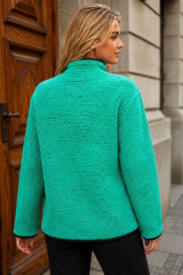 Peluş Deri Biyeli Çoban Düğmeli Mont KS2504 Benetton Yeşili - L