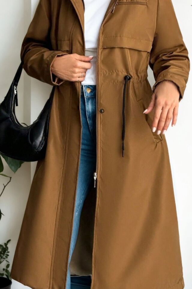 Uzun İçi Kürk Astarlı Bondit Kapüşonlu Kaban Taba KS2523 S - Taba