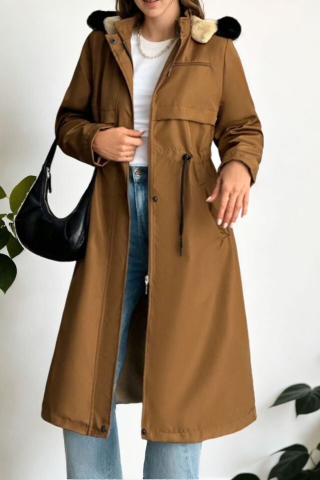 Uzun İçi Kürk Astarlı Bondit Kapüşonlu Kaban Taba KS2523 S - Taba