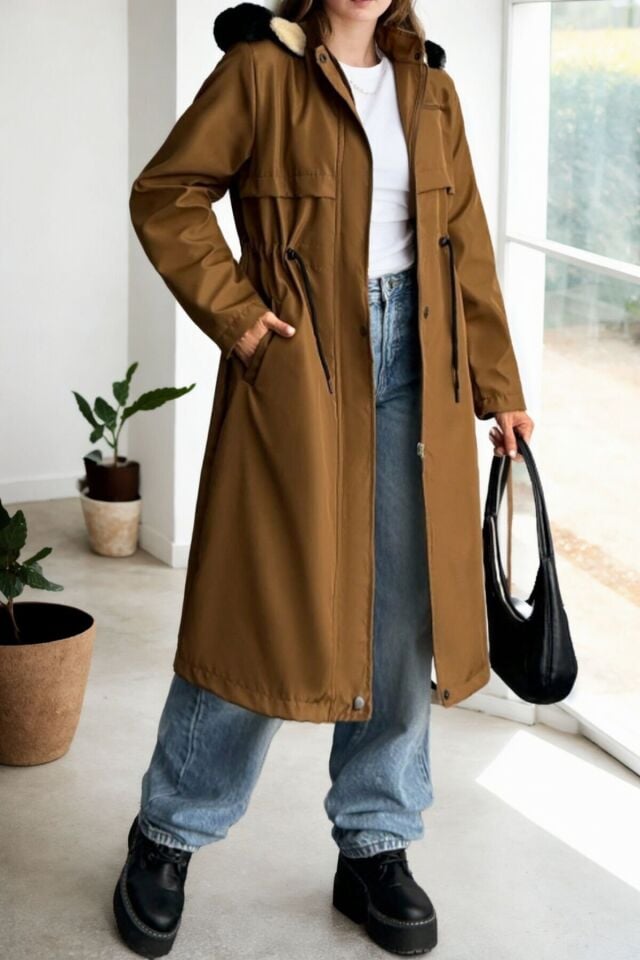 Uzun İçi Kürk Astarlı Bondit Kapüşonlu Kaban Taba KS2523 S - Taba