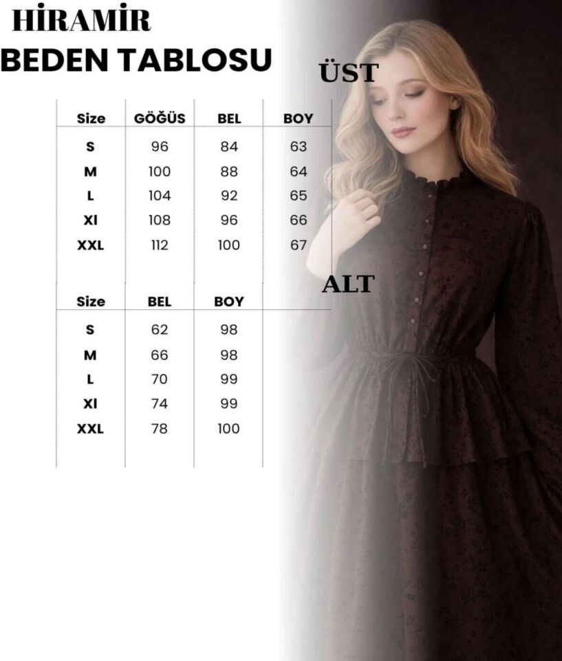 Kadın Tesettür Etekli İkili Takım Flok Baskılı Dantel Detaylı İçi Astarlı Şık ve Zarif Kombin YZ2710 Kahverengi - 2XL