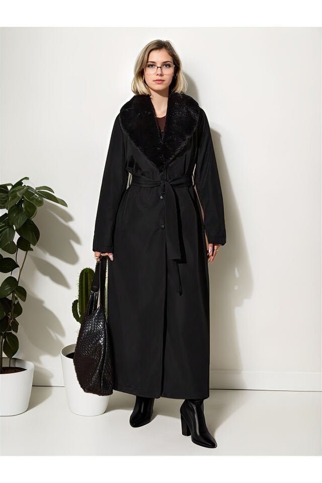 Klasik Yakası  Detaylı Uzun Manto M - siyah