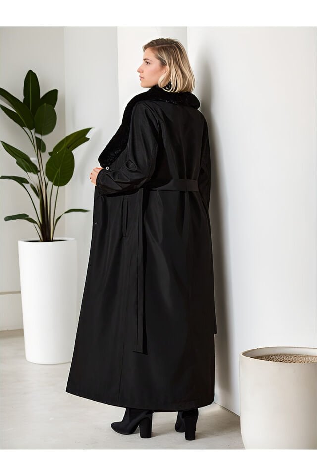 Klasik Yakası  Detaylı Uzun Manto M - siyah