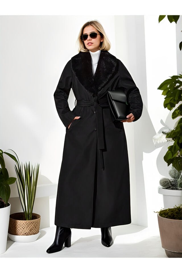 Klasik Yakası  Detaylı Uzun Manto M - siyah