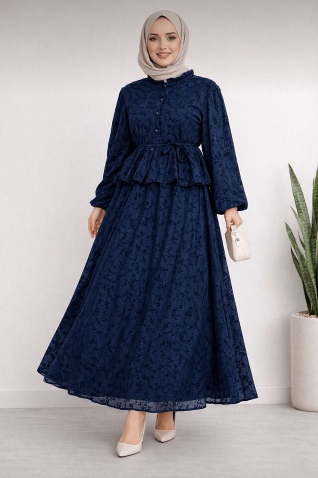 Kadın Tesettür Etekli İkili Takım Flok Baskılı Dantel Detaylı İçi Astarlı Şık ve Zarif Kombin YZ2710 Lacivert - 2XL
