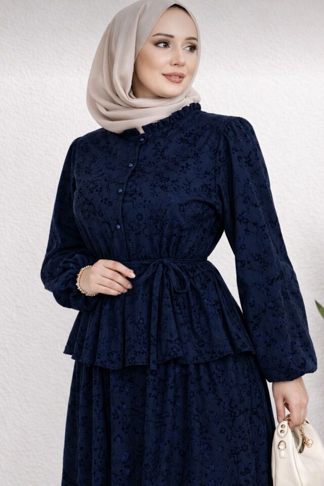 Kadın Tesettür Etekli İkili Takım Flok Baskılı Dantel Detaylı İçi Astarlı Şık ve Zarif Kombin YZ2710 Lacivert - 2XL