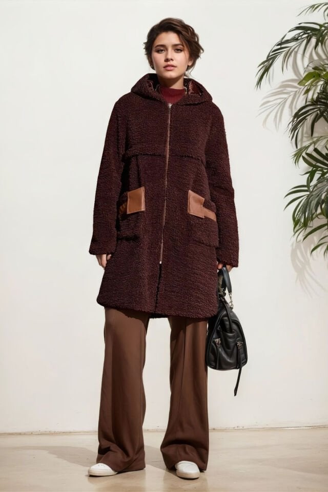 Kadın Peluş Cep Kısmı Deri Mont KS2536 XL - Kahverengi