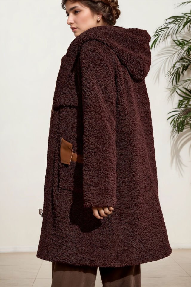 Kadın Peluş Cep Kısmı Deri Mont KS2536 XL - Kahverengi