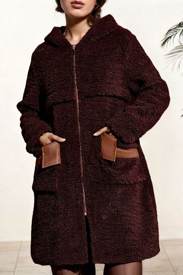 Kadın Peluş Cep Kısmı Deri Mont KS2536 XL - Kahverengi