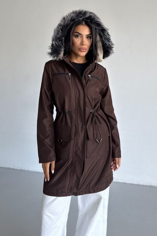 Bondit Kapüşonlu İçi Kürk Astarlı Mont Taba KS2538 XS - Kahverengi