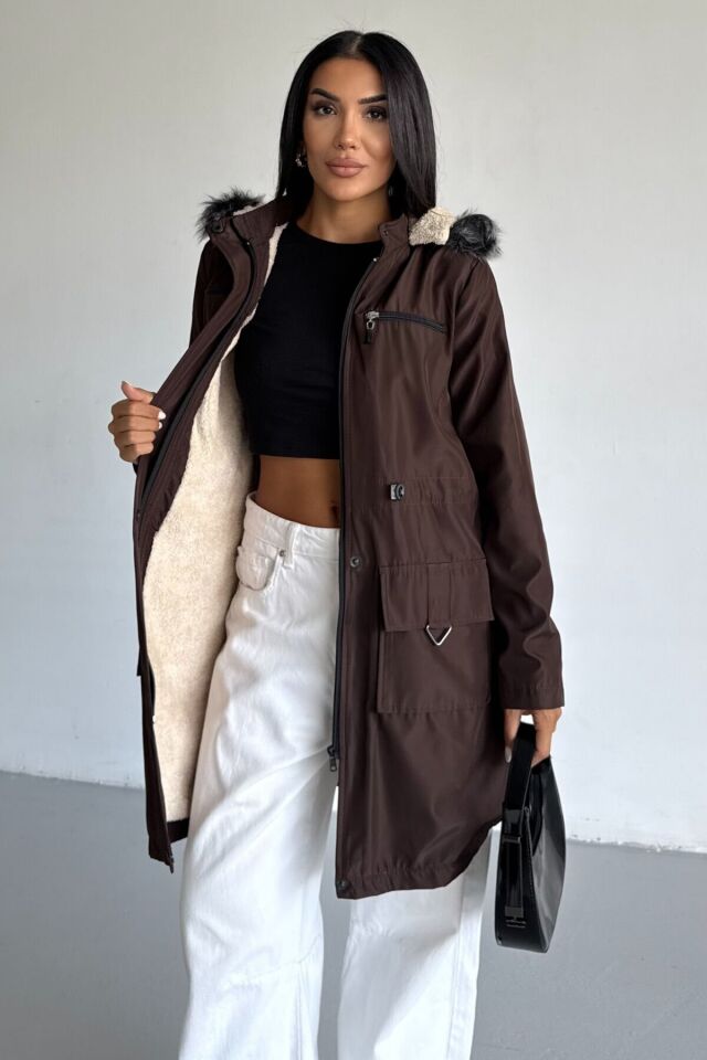 Bondit Kapüşonlu İçi Kürk Astarlı Mont Taba KS2538 XS - Kahverengi