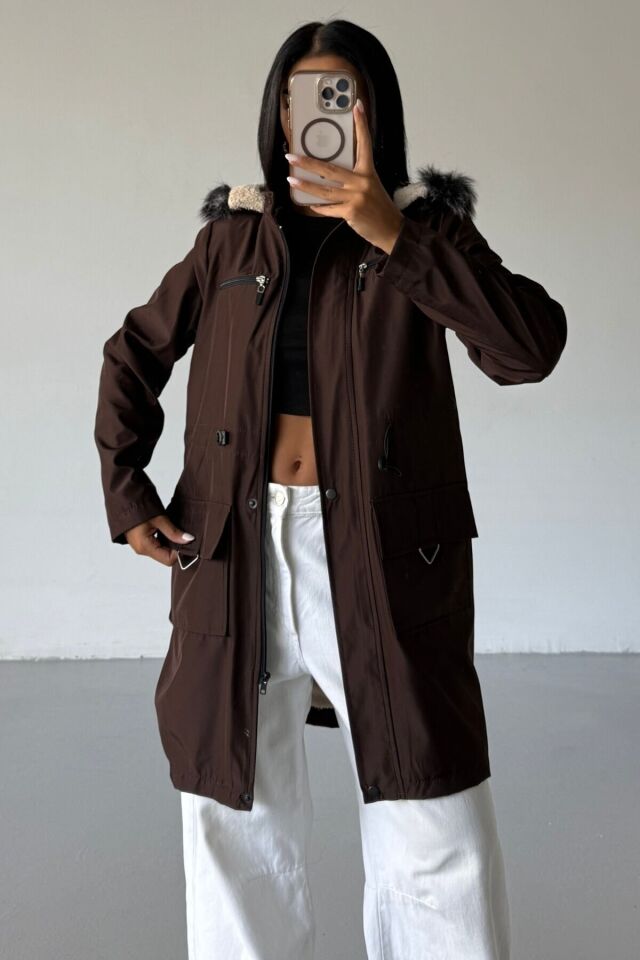 Bondit Kapüşonlu İçi Kürk Astarlı Mont Taba KS2538 M - Kahverengi